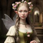 Fair-skinned woman with pointed ears and butterfly wings in moonlit archway