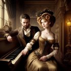 Victorian couple by piano in ornate room exudes aristocratic elegance