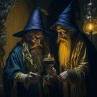 Two wizards in blue robes and pointed hats holding a magical lantern in a dimly lit room.