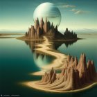 Surreal landscape with towering rock formations, winding roads, calm waters, large moon, birds,