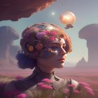 Surreal portrait of woman with ornate headgear in dreamy landscape