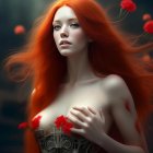 Vibrant red-haired woman with pale skin and gold jewelry among roses