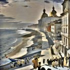 Digitally altered image blending ornate building with surreal ocean vista and vintage-clad observers