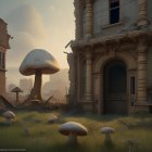 Decaying classical buildings with futuristic domed structures in post-apocalyptic scene