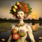 Woman with Fruit Adornments in Surreal Portrait