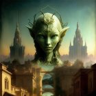 Fantastical cityscape: Elf in golden armor, twilight sky