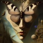 Surreal portrait of woman with butterfly wings for eyes in lush nature scene