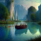 Tranquil river landscape with wooden boat, lush greenery, and mystical rock formations