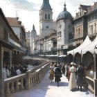 Medieval town scene with people, cobblestone streets, market stalls, stone buildings, and castle