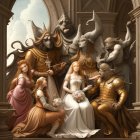 Fantasy painting of regal characters in golden attire embracing, surrounded by mythical creatures.