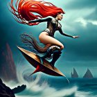 Fantastical digital artwork of female figure surfing on ornate board