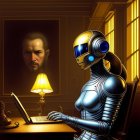 Humanoid robot in armor using laptop in luxurious room