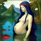 Surreal pregnant woman with blue hair in water surrounded by fish