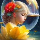 Surreal illustration of woman with cosmic moon, flowers, water, and lotuses