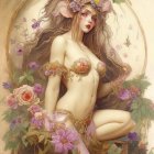 Fantasy illustration of woman with floral elements in pink and purple garden