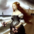 Surreal painting: Woman with red hair, corset dress, holding flowers, stormy sea