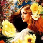 Digital artwork: Woman with flowing hair, yellow flowers, Earth, cosmic backdrop