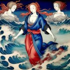 Fantastical painting featuring central woman, mythical creatures, and swirling ocean