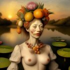 Surreal portrait of woman with fruits and blossoms by lake at sunset