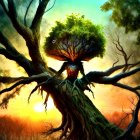 Colorful digital artwork: Twisted tree, green foliage, warm sunset