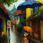 Colorful village scene with blue umbrellas, woman in yellow dress, cobblestone pathways, clear