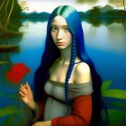 Vivid surreal portrait of woman with blue hair by lake