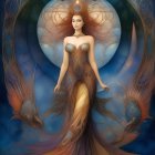 Digital artwork: Woman in gold and teal dress with wings, cat, celestial backdrop, and symbolic circle