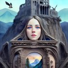 Surreal illustration of woman's face merged with castle and mountains