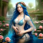 Fantasy illustration: Woman with blue hair, leaf crown, emerging from water amid greenery and pink