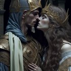 Regal couple in golden crowns and armor embrace against detailed royal fantasy backdrop.