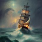 Sailing ship in stormy seas under dramatic sky