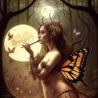 Fantasy painting of woman with butterfly wings by water's edge