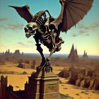 Mechanical bird on pyramid in surreal desert landscape