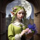 Green-eyed elf with flowers, castle, and full moon.