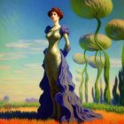 Woman in Blue and Green Gown in Vibrant Fantasy Landscape