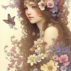 Ethereal portrait of a woman with flowers and butterfly in pastel tones