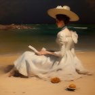 Woman in White Dress and Broad Hat on Sandy Beach at Twilight with Distant Boat and Autumn Leaves