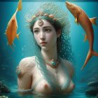 Digital artwork of woman with aqua-themed makeup in mermaid attire, surrounded by fish and bubbles.