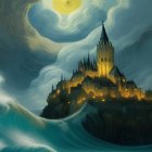 Mystical castle on hill with swirling waves and dramatic sky