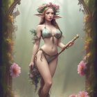 Ethereal female figure with floral adornments in decorative frame