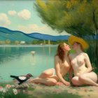 Two women in light dresses by a lake, touching foreheads under a serene sky