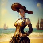 Woman in pirate outfit by sea with sailing ships in background