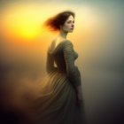 Woman with flowing hair at misty sunrise in serene atmosphere