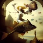 Surreal illustration of woman with flowing hair among oversized fish in ethereal underwater scene