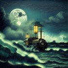 Fantastical steamship navigating stormy seas under starry sky