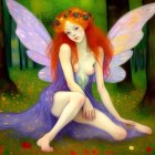 Fantasy illustration of red-haired winged female in floral crown in lush forest