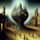 Surreal painting of giant head-shaped structure with city and robed figures