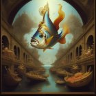 Surreal oversized fish swim above Venetian-like architecture in golden sky