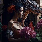 Woman in mystical forest with dragon and vibrant flowers in serene setting