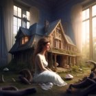 Woman in white dress sitting in front of whimsical house with forested roof and giant mushrooms in warm